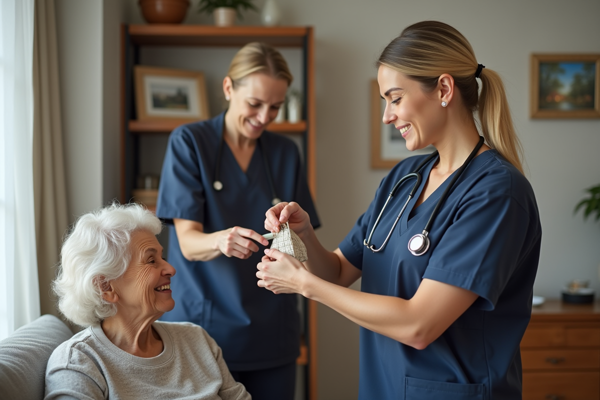 Aide à domicile aidant une personne âgée dans le salon
