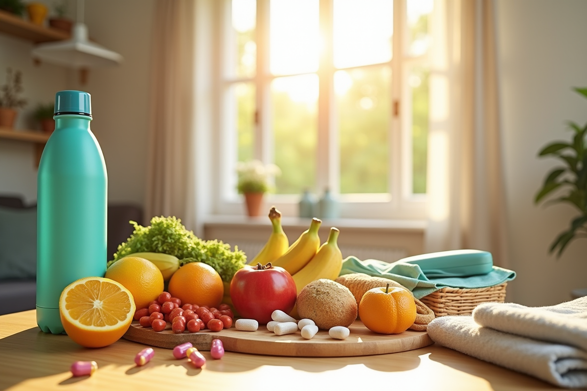 Arrangement d aliments sains vitamines et accessoires fitness sur une table