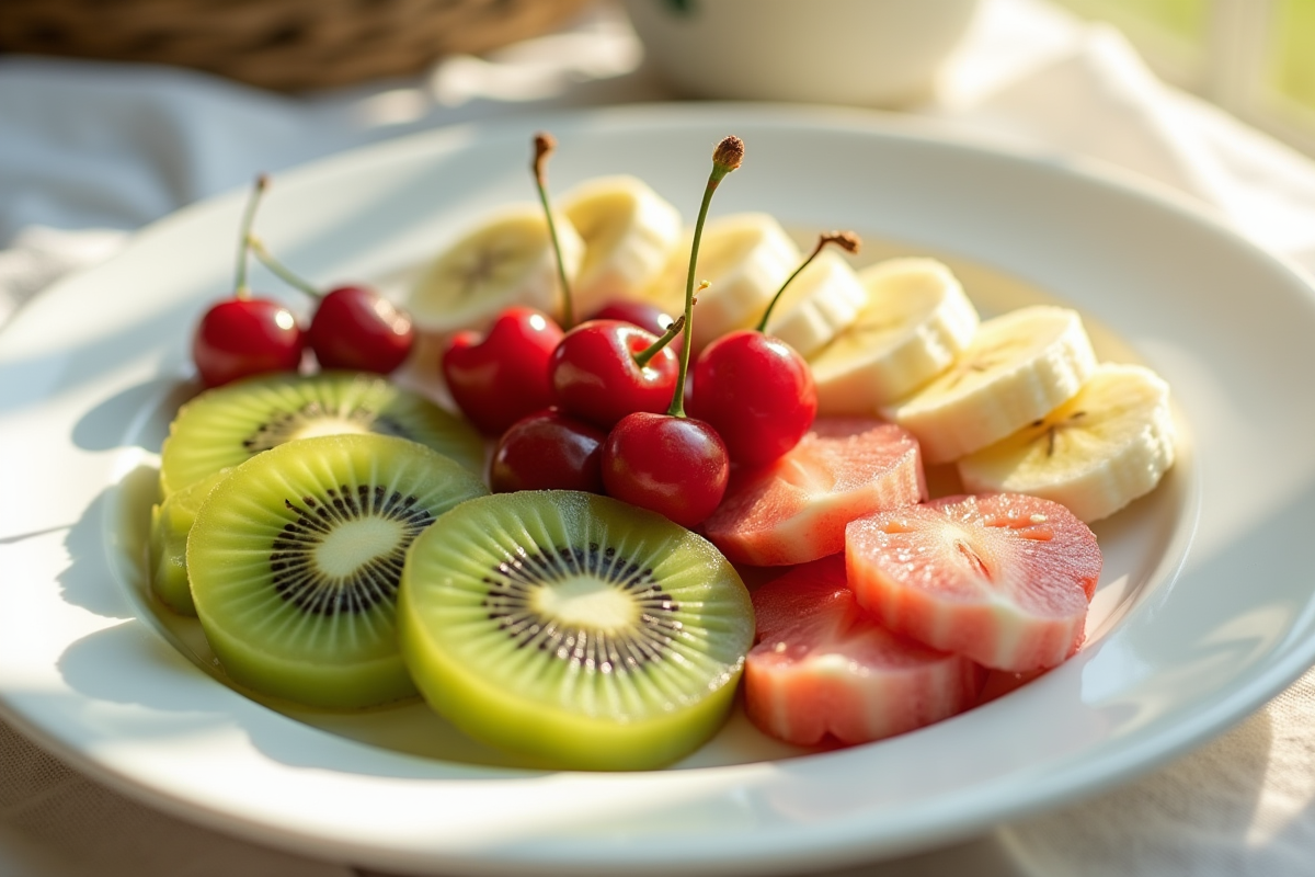 Assiette de fruits tranchés kiwis bananes cerises sur table lumineuse