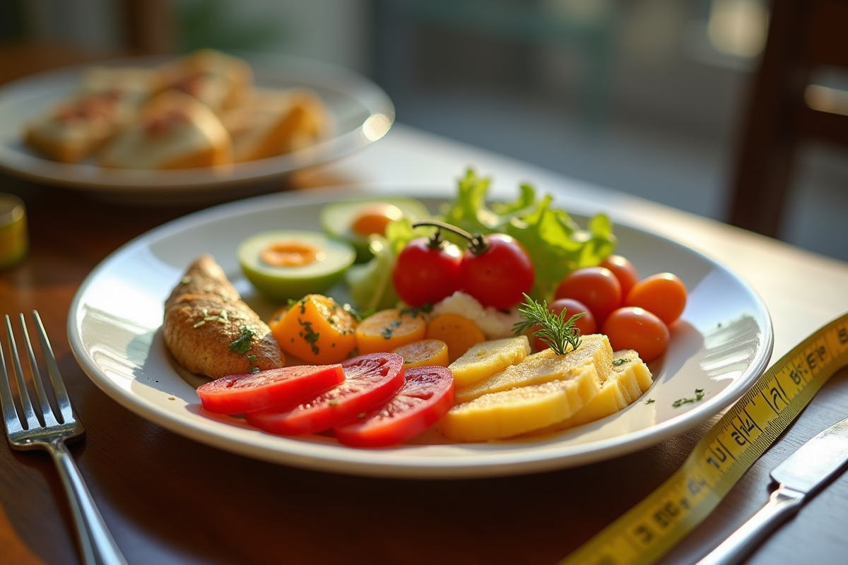 Assiette avec nourriture colorée et ruban de mesure