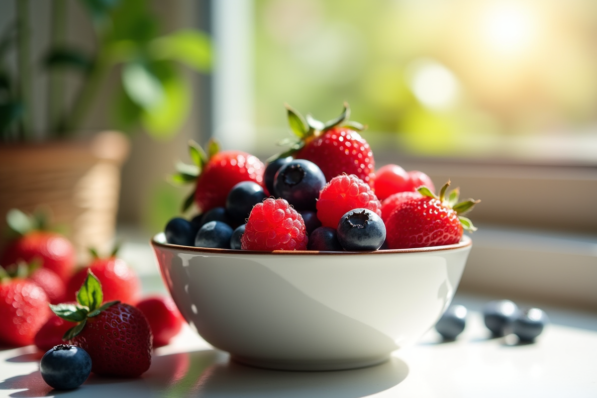 Assortiment de fruits rouges dans un bol blanc en cuisine