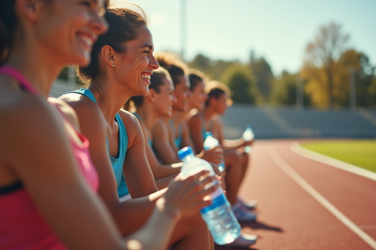 Athletes se reposant avec bouteilles d