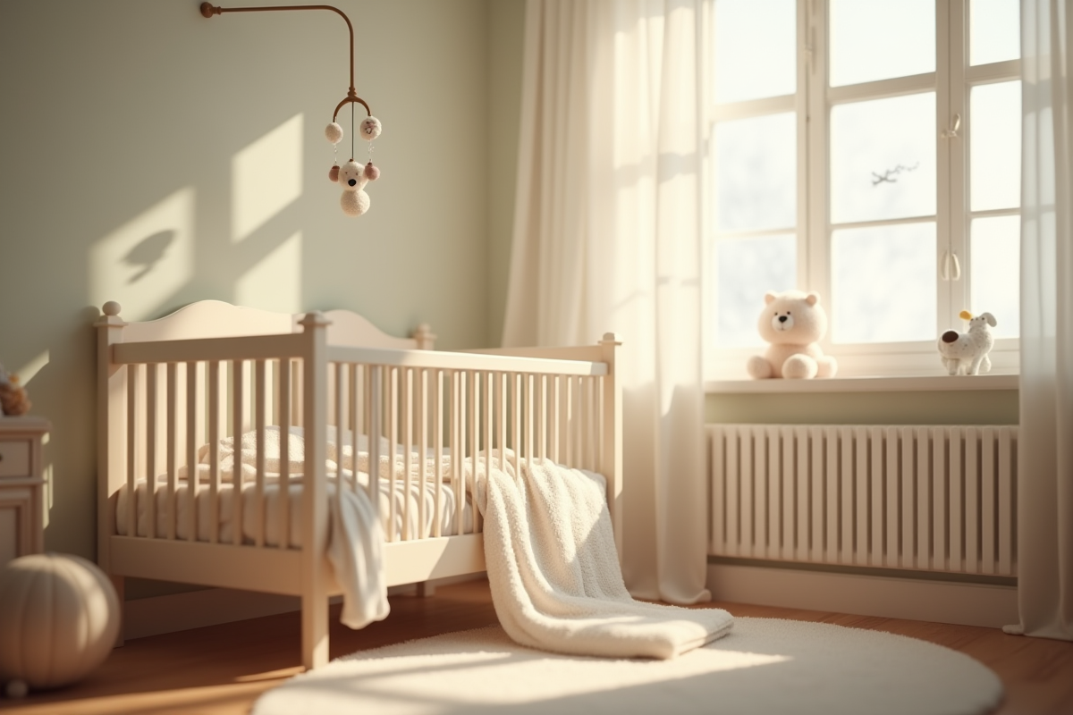 Chambre de bébé lumineuse avec berceau et mobile