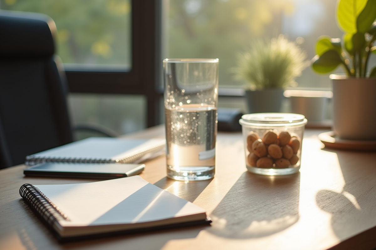 Espace de travail organisé avec eau et noix naturelles