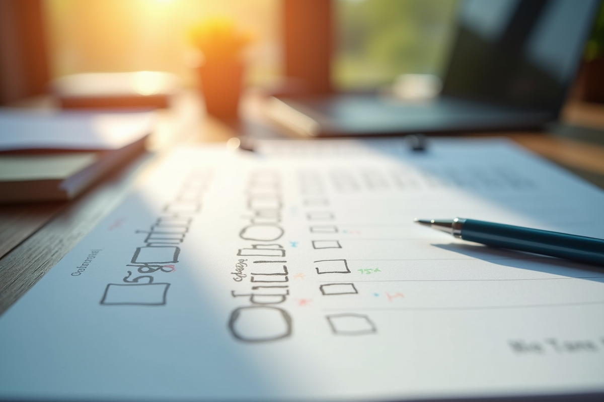 Agenda organisé avec liste de taches cochees en lumiere du matin