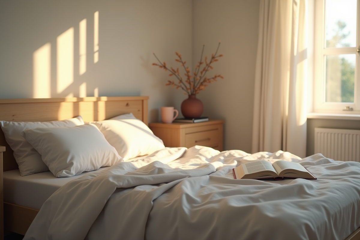 Chambre lumineuse avec lit non fait et livre ouvert
