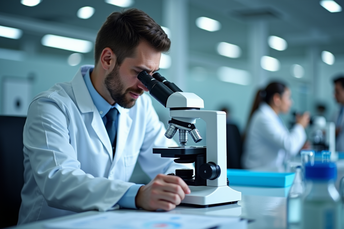 Chercheur en laboratoire analysant des échantillons au microscope
