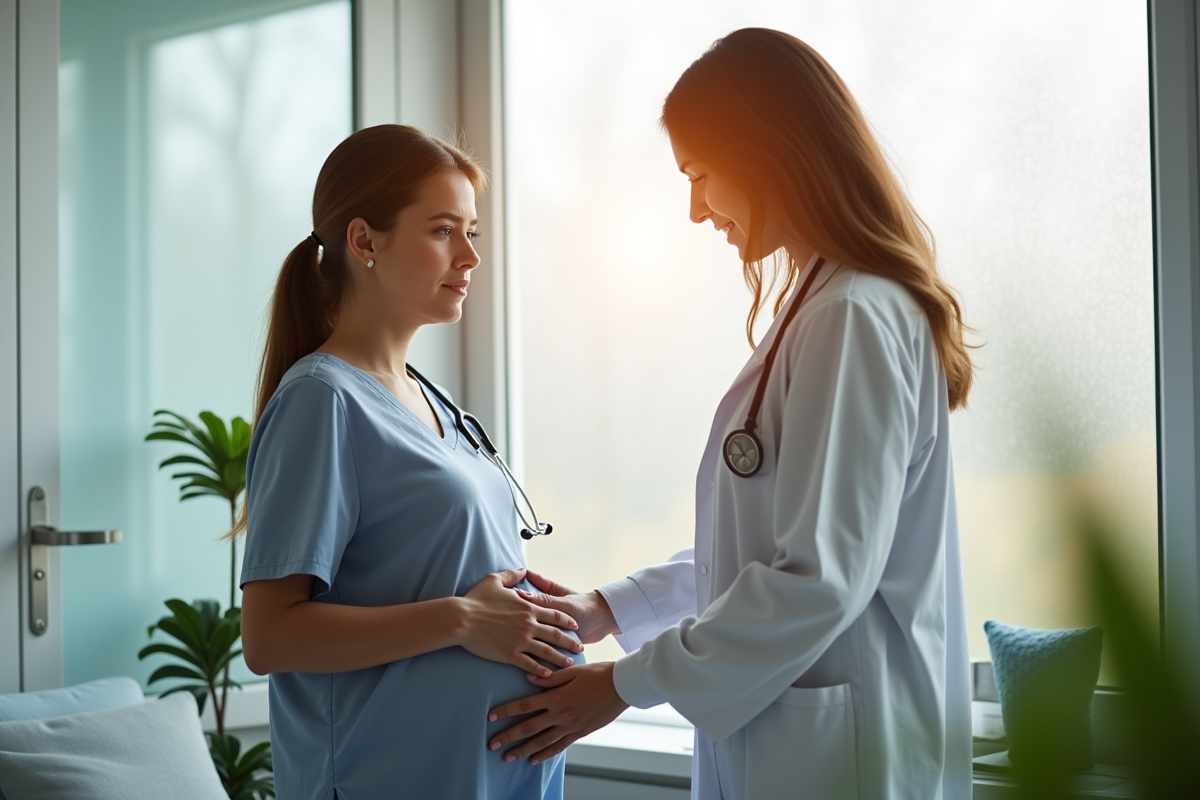 Médecin consultante avec femme enceinte dans un cabinet lumineux
