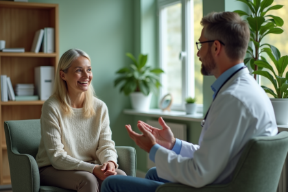 Femme patient en consultation avec un médecin dans un cabinet moderne