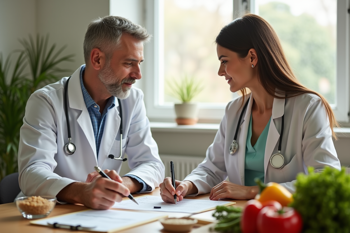 Consultation entre un diététicien et un patient autour d un plan repas
