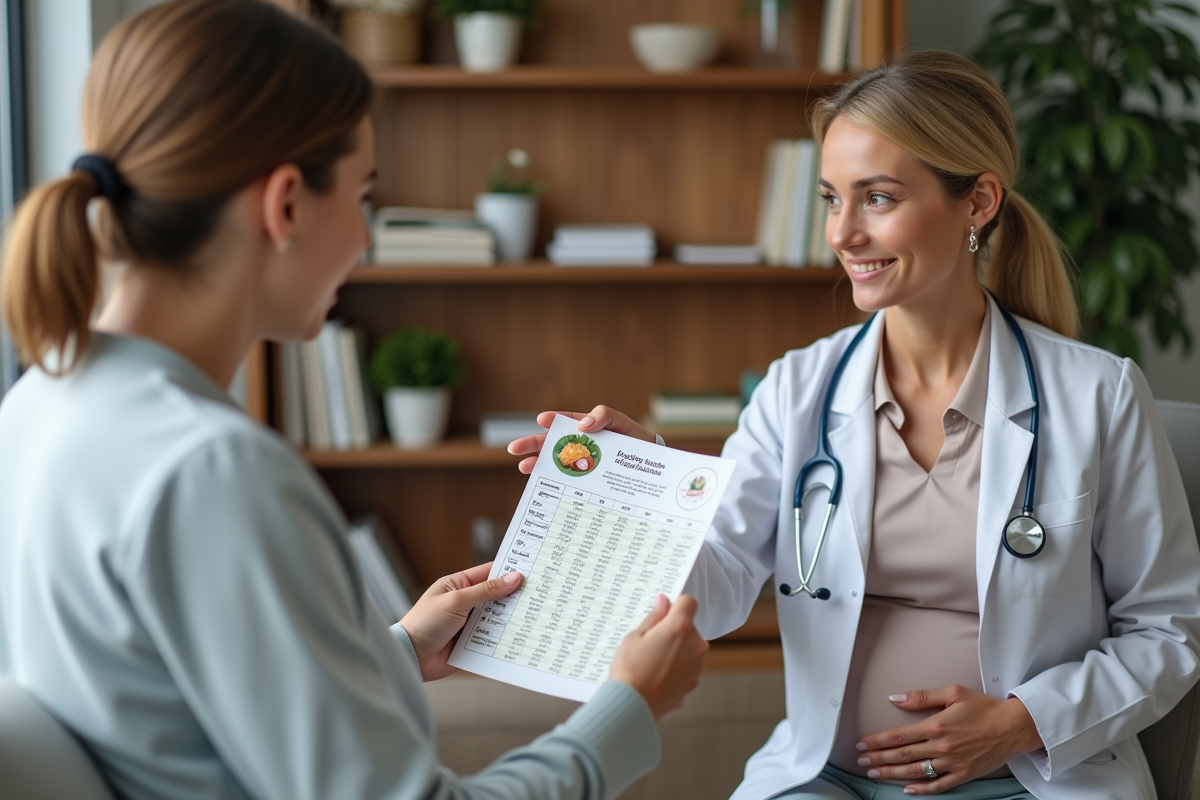 Docteur expliquant un tableau alimentaire à une femme enceinte