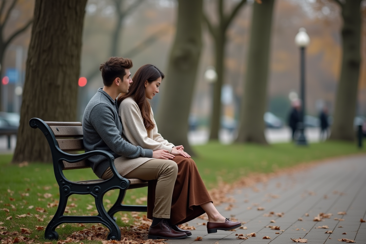 Couple assis sur un banc dans un parc en automne