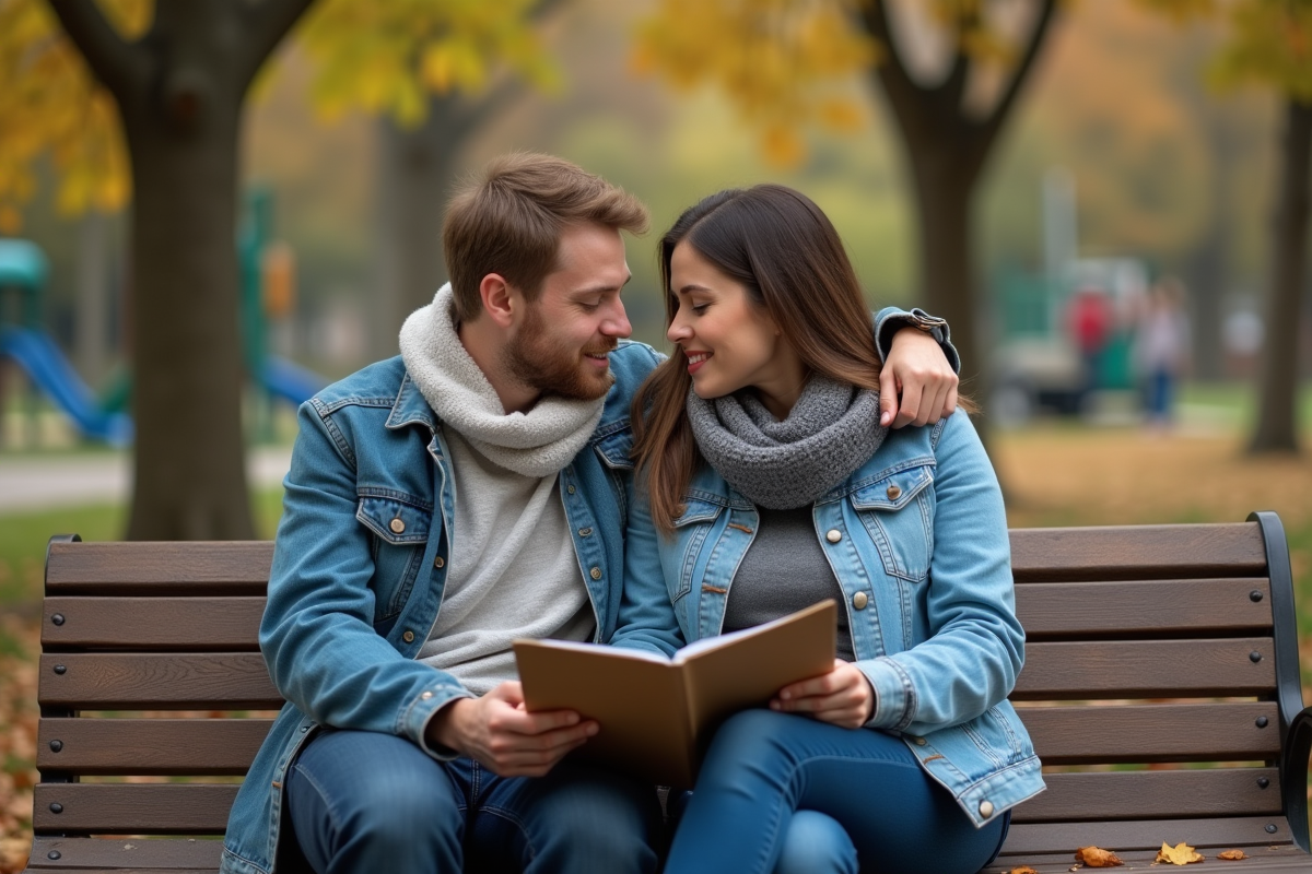 Couple assis sur un banc dans un parc en automne