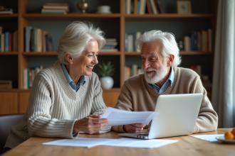 Couple senior souriant examinant documents d'assurance santé
