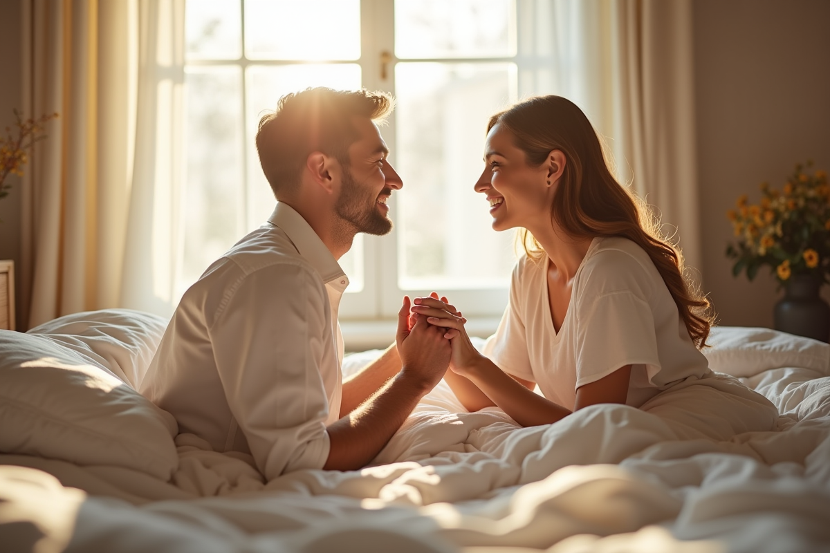 Couple souriant main dans la main dans une chambre lumineuse