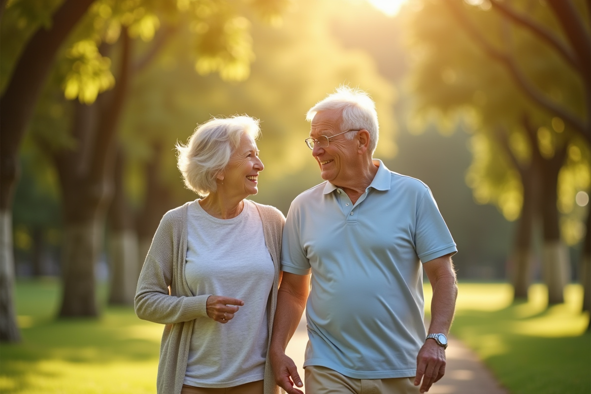 Couple âgé marchant dans un parc ensoleille avec sourire