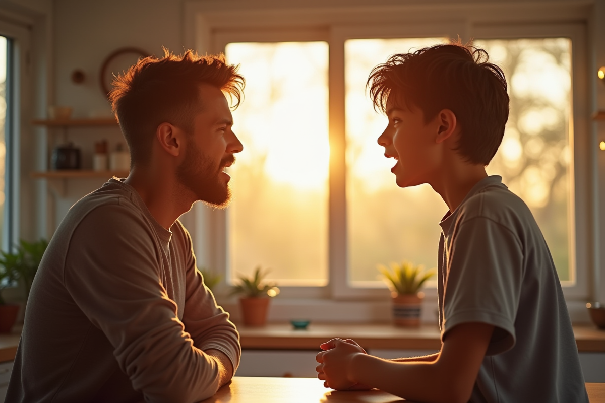 Conversation animée entre un adolescent et un parent en cuisine