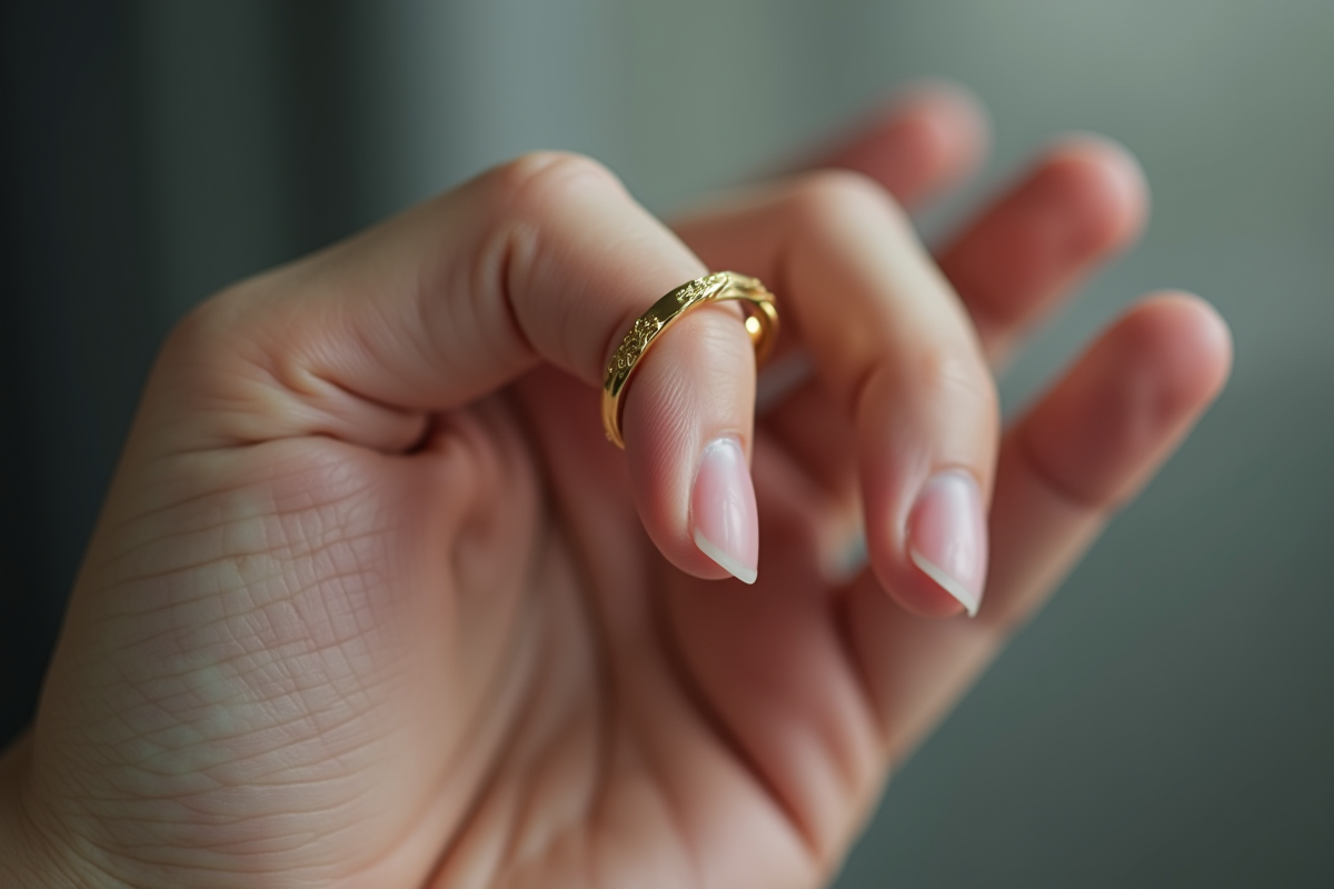 Doigt enflé avec bague en or au repos naturel