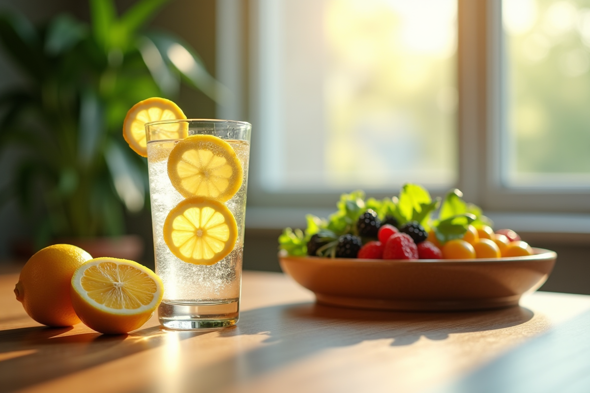 Verre d eau citronnee et fruits riches en fibres