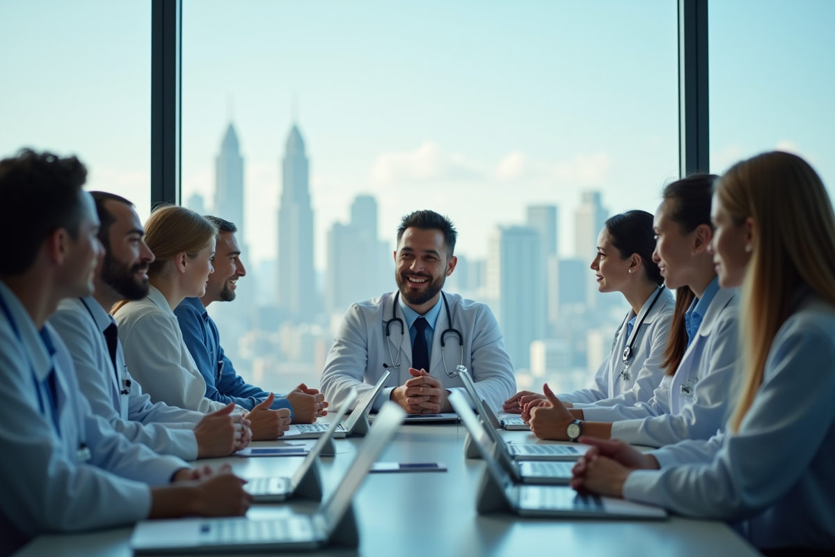 Equipe médicale diverse en réunion dans une salle moderne