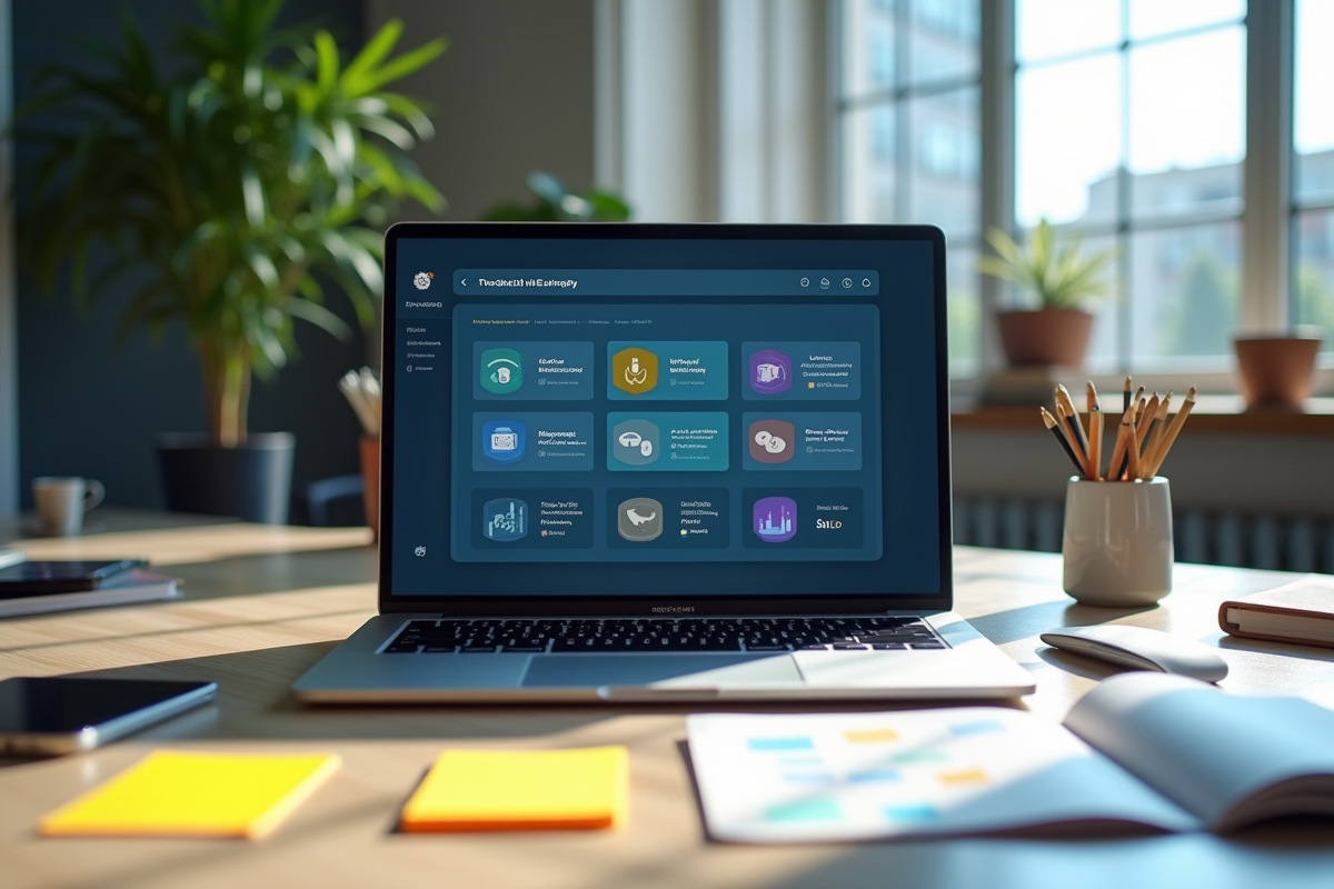 Espace de travail moderne avec ordinateur et notes colorées