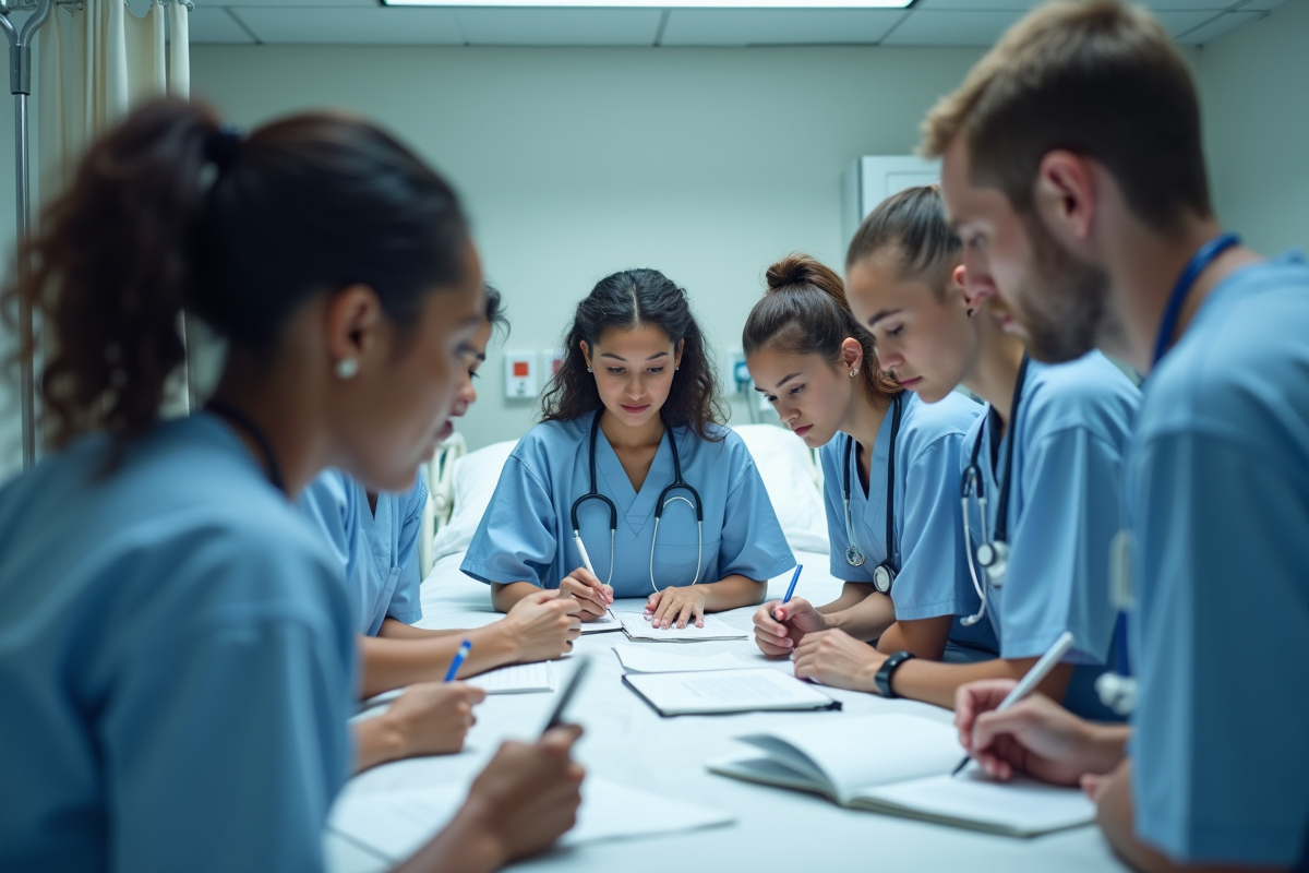 Groupe d etudiants en medecine lors d une ronde hospitaliere