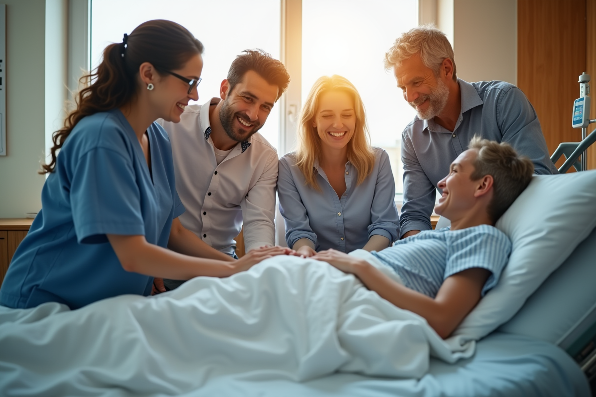 Famille réunie autour du lit d