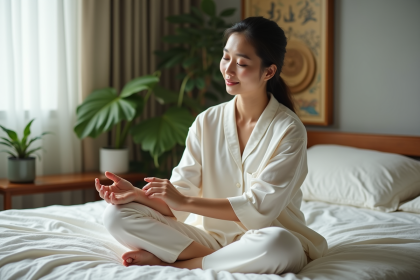 Femme asiatique pratique l'acupressure en méditation