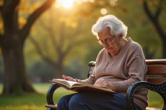 Femme agee assise sur un banc dans un parc regardant un album photo