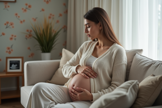 Femme pensive tenant son ventre dans un salon cosy