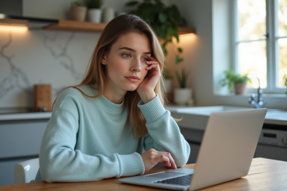 Jeune femme consulte un dermatologue en ligne à la maison