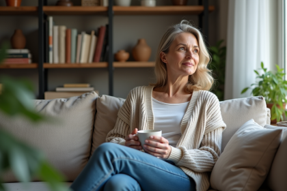 Femme assise sur un canapé avec tasse de tisane dans un intérieur cosy