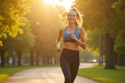 Femme souriante en tenue de sport courant dans un parc ensoleille