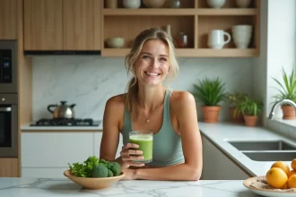 Femme en tenue sportive sirotant une boisson detox dans la cuisine