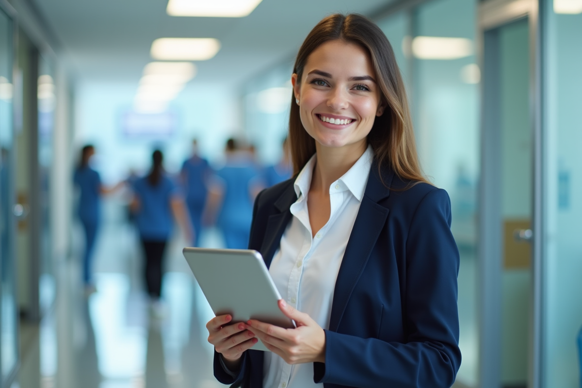 Jeune femme médecin souriante dans un couloir d