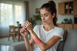 Femme examinant ses plaques rouges sur le bras