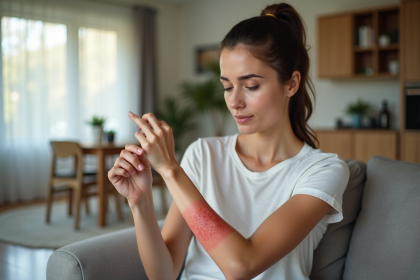 Femme examinant ses plaques rouges sur le bras
