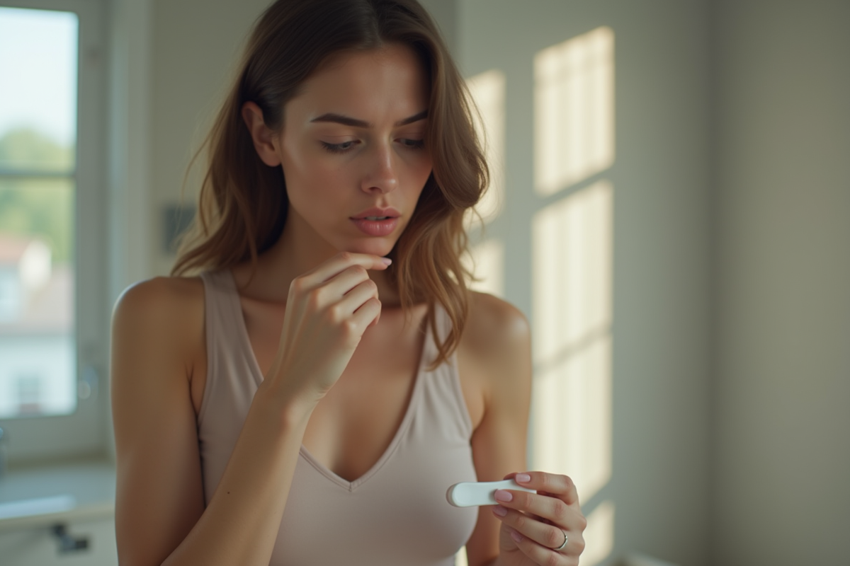 Jeune femme regardant un test de grossesse positif dans une salle de bain lumineuse