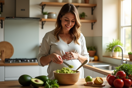 Femme enceinte souriante préparant du guacamole dans une cuisine lumineuse