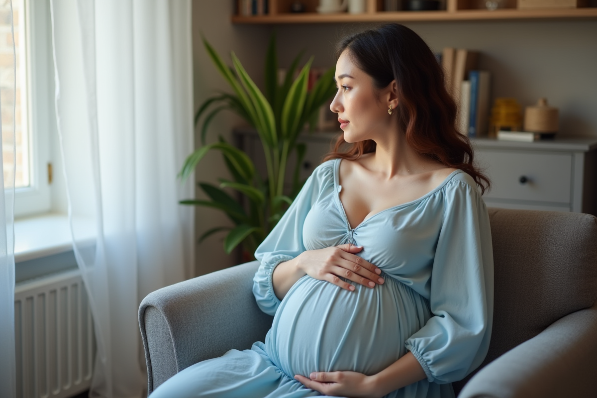 Femme enceinte assise dans un salon chaleureux à la maison