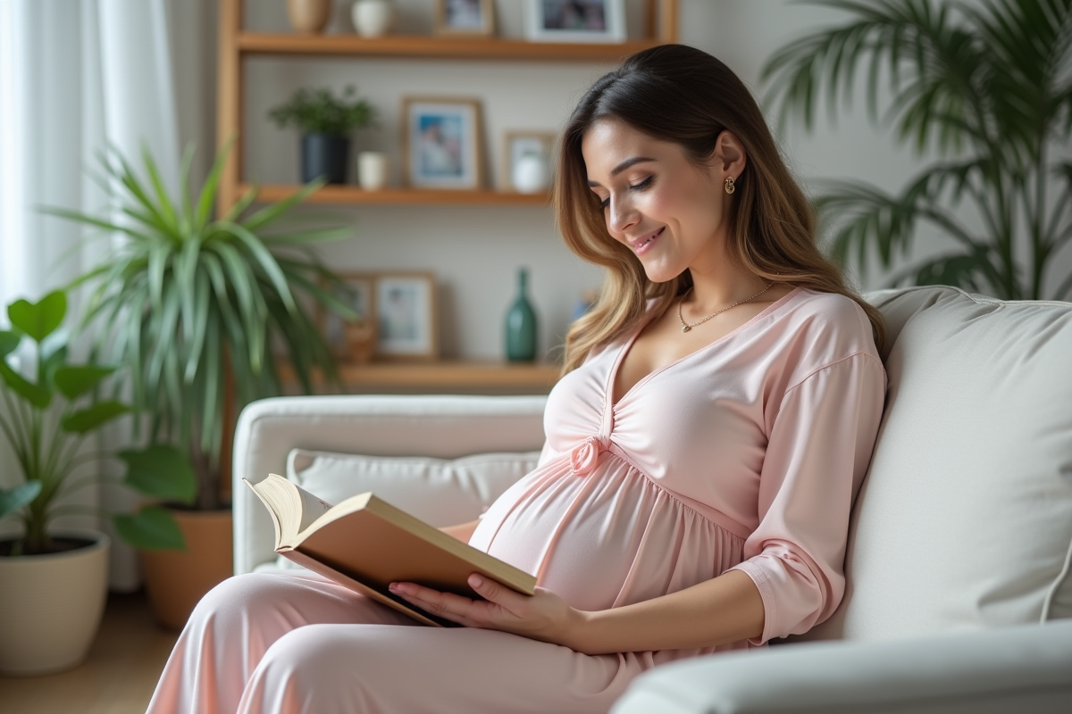 Femme enceinte lisant un livre dans un salon lumineux