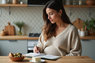 Femme enceinte lisant un guide nutrition dans la cuisine