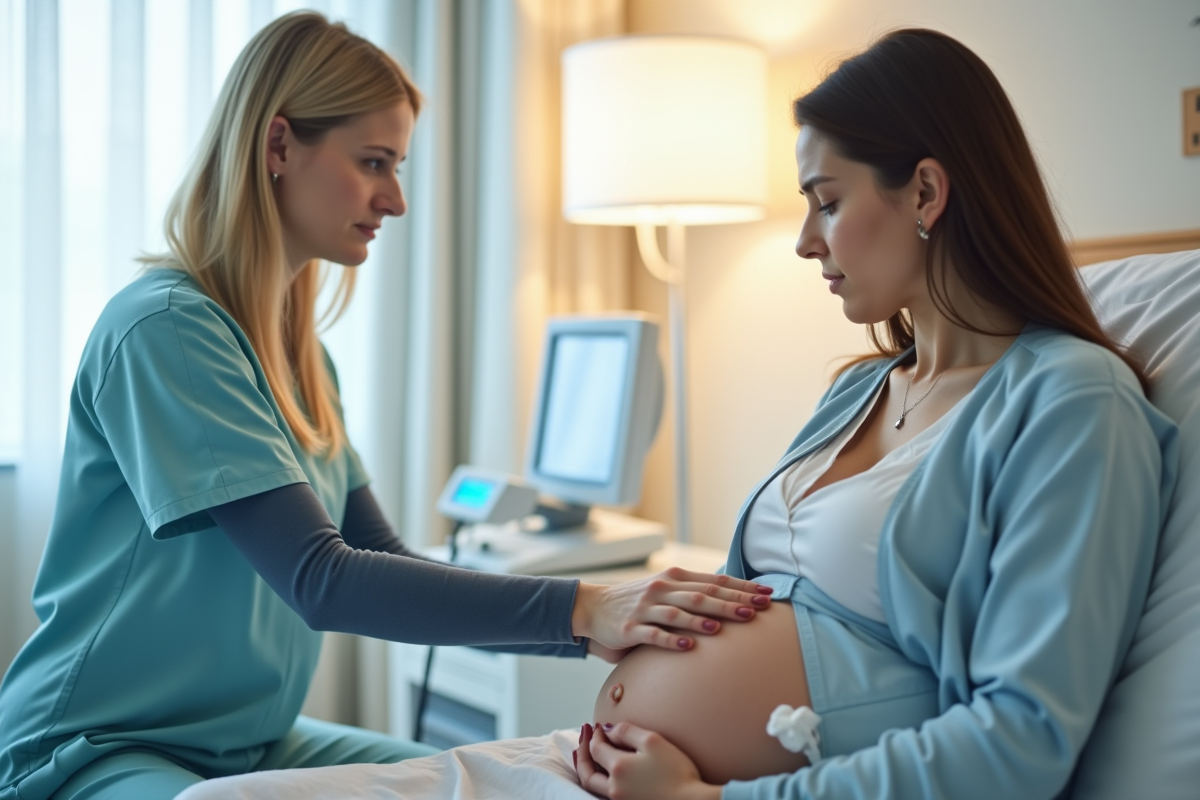 Femme enceinte assise sur un lit d'hôpital dans une maternité lumineuse