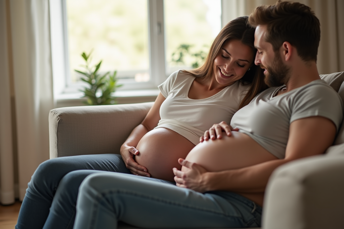 Femme enceinte assise sur un canapé lumineux avec son partenaire