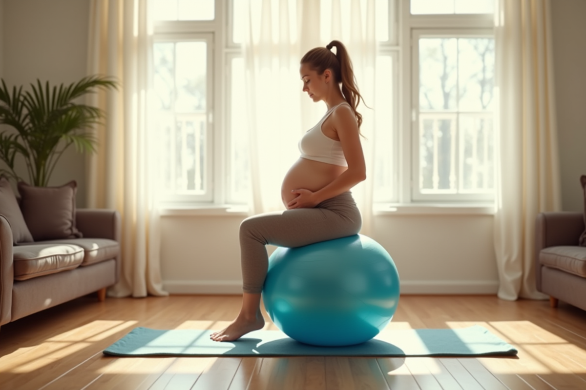 Femme enceinte en sport confort sur ballon dans salon lumineux