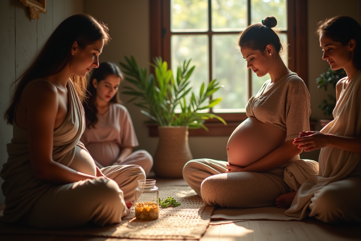 Femme enceinte entourée de femmes en tenue traditionnelle