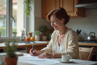 Femme française âgée remplissant des papiers dans sa cuisine