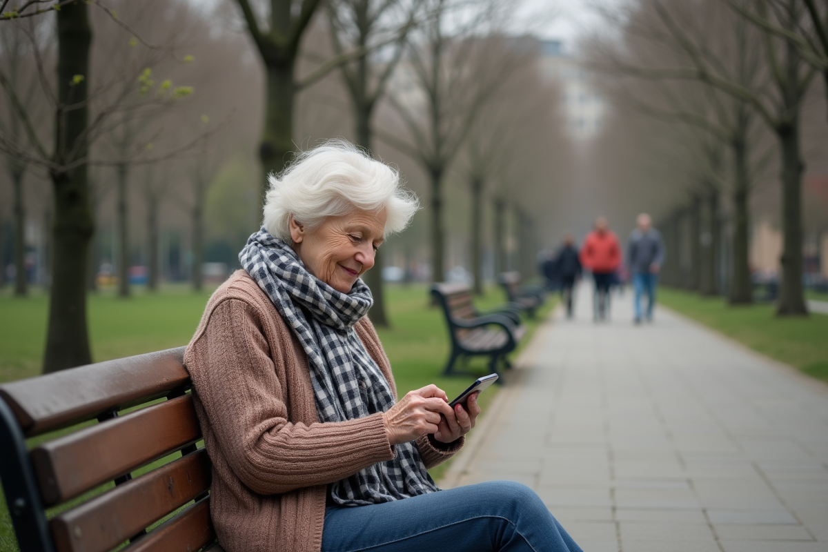 Femme âgée sur un banc de parc utilisant son smartphone