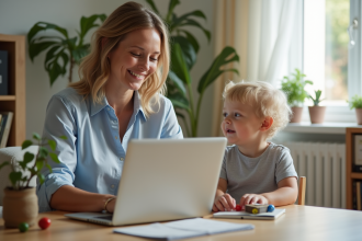 Femme souriante à son bureau avec un enfant dans un salon lumineux