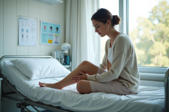 Femme d'âge moyen assise sur un lit d'hôpital en réflexion